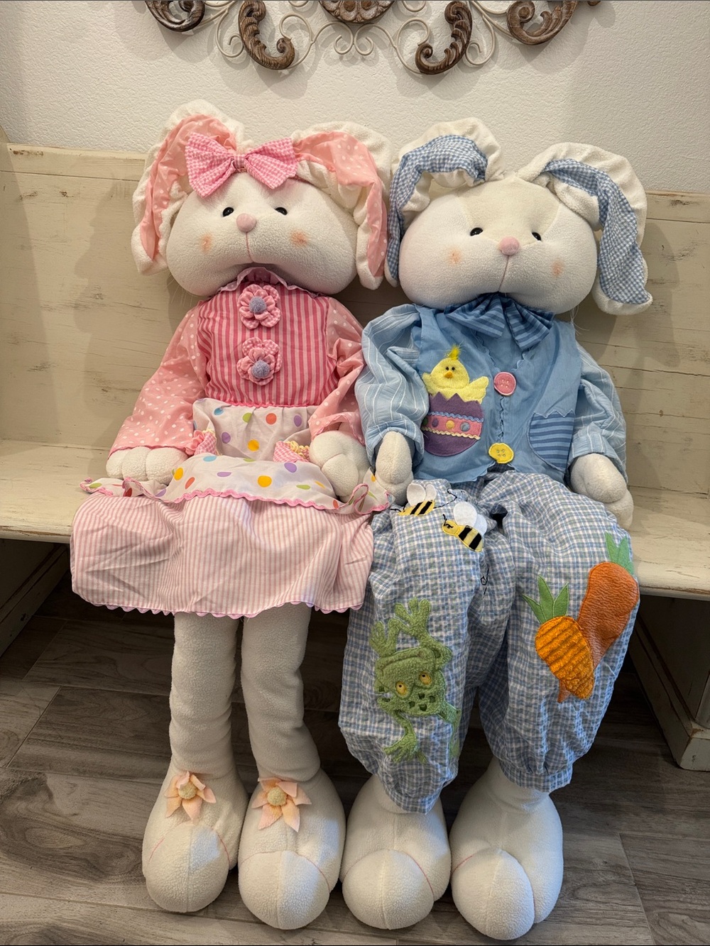Vintage 4ft Mrs. & Mrs. Bunny Shelf Sitter Plush Folk Art Easter Dolls